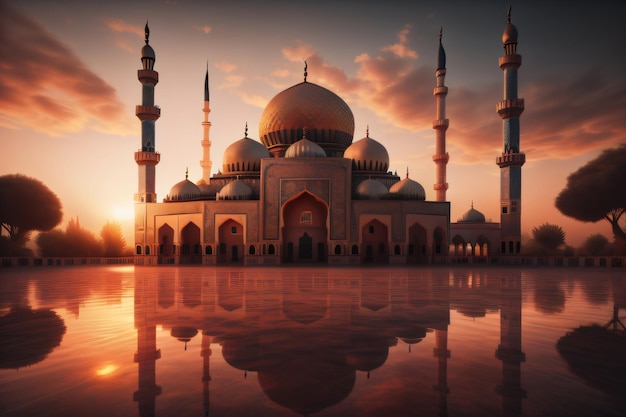 A mosque with a sunset behind it