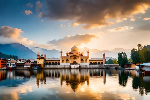 Photo a mosque with a sunset behind it