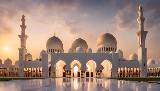 a mosque with a sunset behind it