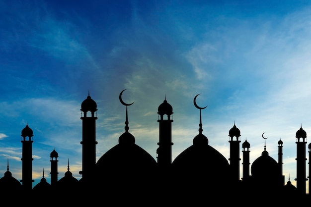 Mosques dome on dark blue twilight sky and crescent on background symbol islamic religion ramadan