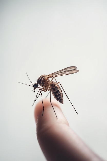 A mosquito on a finger is shown on a finger.