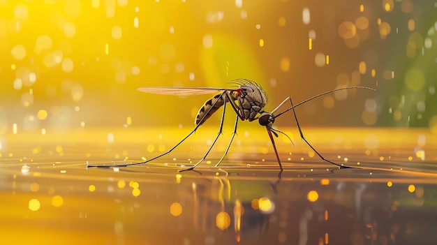 Photo a mosquito is perched on a leaf its long legs dangling in the water the mosquito is surrounded by a soft warm light