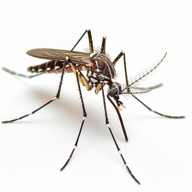 Foto una zanzara è mostrata su uno sfondo bianco
