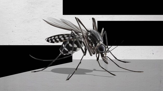 a mosquito is on a white surface with a black background