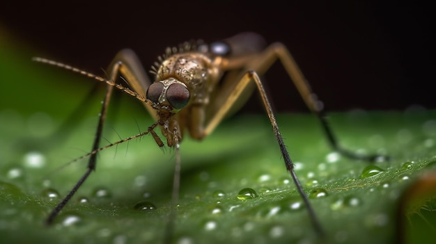 雨滴がついた葉の上の蚊