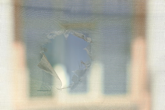 Mosquito screen with hole close up