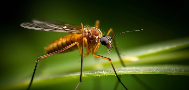 A mosquito sits on a leaf, with the word mosquito on the bottom.