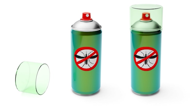 蚊取りスプレー。昆虫の保護。緑色のエアゾール金属缶。白い背景で隔離。 3Dレンダリング。