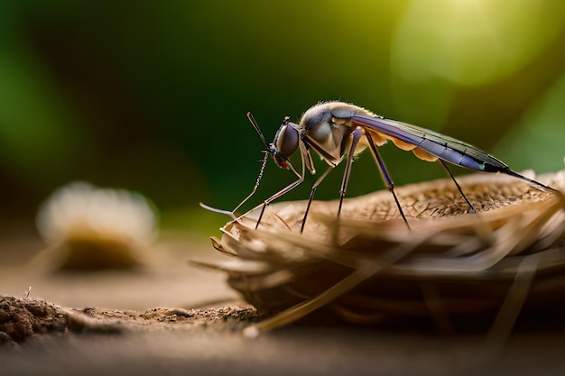 A mosquito on a wood surface with a green background