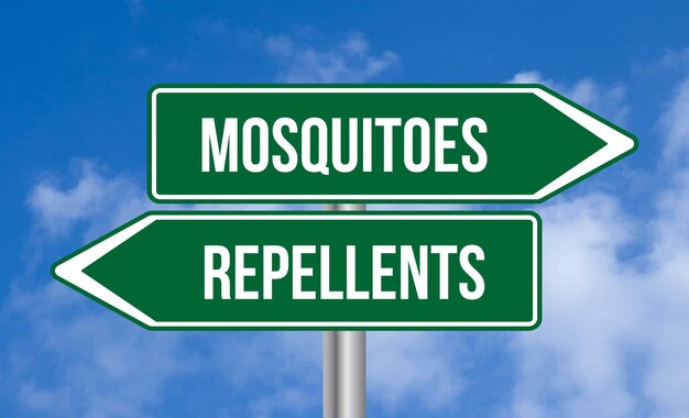 Mosquitoes or repellents road sign on sky background