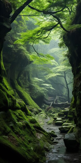 Photo moss covered creek in ethereal japanesestyle forest landscape