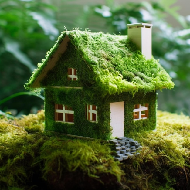 Moss covered house sitting on a moss covered rock with a window generative ai