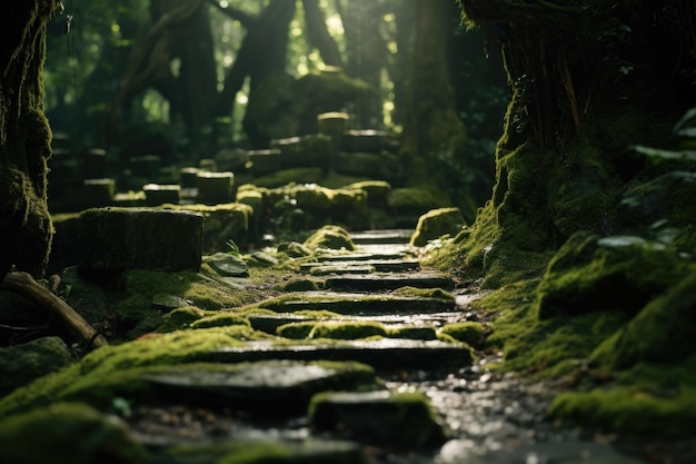 Photo a moss covered old stone pathway in a forest mystic atmosphere generative ai illustration