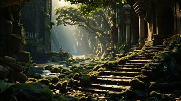 a moss covered path in a temple