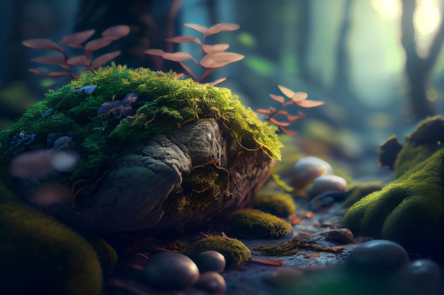 Moss covered rock in the middle of a forest generative ai