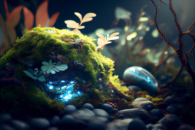 Moss covered rock sitting on top of a pile of rocks generative ai