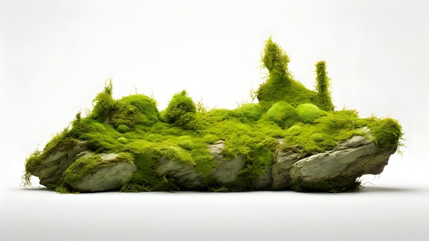 moss covered rock with trees and bushes on top of it Generative AI