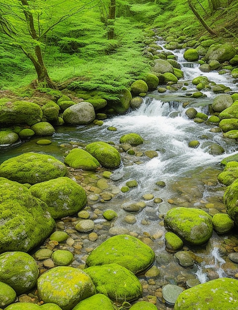 Moss covered stones in a mountain stream