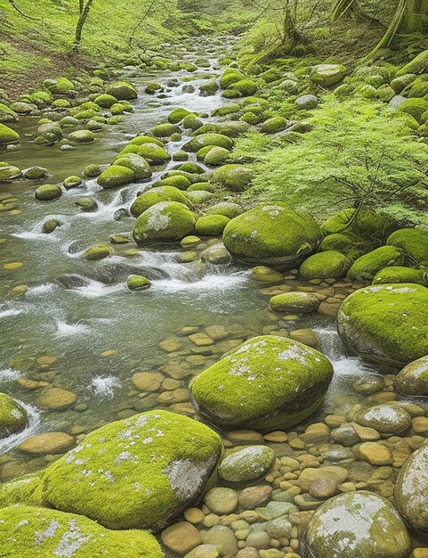 Moss covered stones in a mountain stream