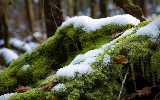 A moss covered tree trunk in the woods with snow on the bark.