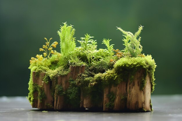 Moss and fern in a wooden vase on the table