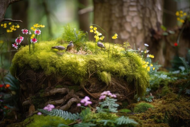 Moss garden with blooming flowers and birds nest on tree trunk