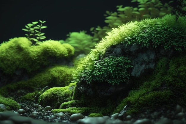 Moss growing on rocks and rocks in a forest generative AI