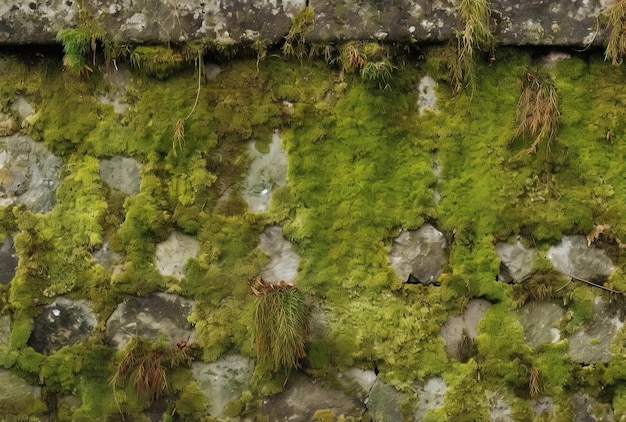 Photo moss and lichen covers an old wall in front of a building