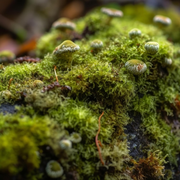 木の幹に苔があり、小さな白い花が咲いています。