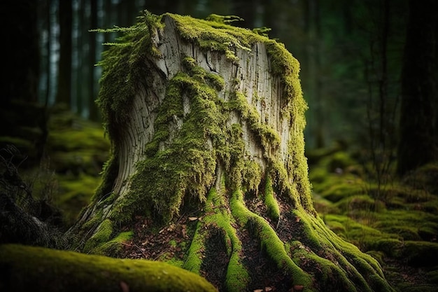 Mosscovered tree trunk in the woods