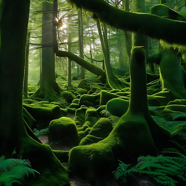 Mosscovered trees stand tall in an ancient forest Generated AI