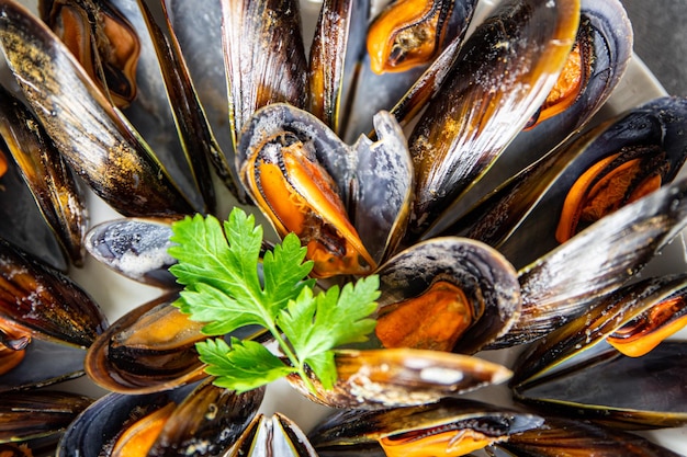 mosselen in schelpen verse gezonde maaltijd voedsel snack dieet op tafel kopieer ruimte voedsel achtergrond rustiek