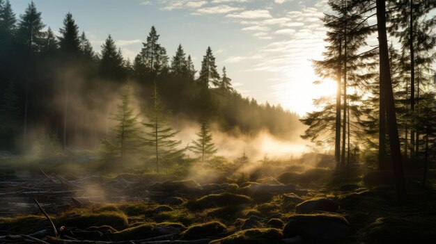 Photo mossy forest ground in autumn woodlands a captivating sunrise in norwegian nature