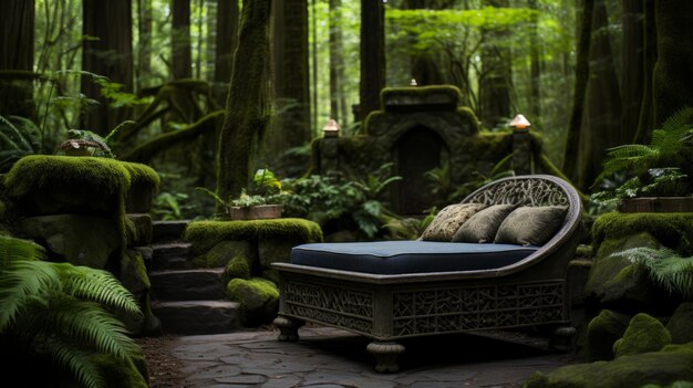 Photo a mossy green overgrown stone structure with a blue cushioned seat in a lush green forest