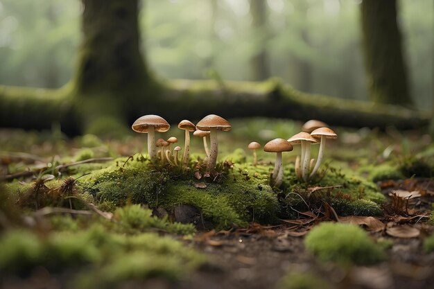 Mossy ground with tiny mushrooms in the background