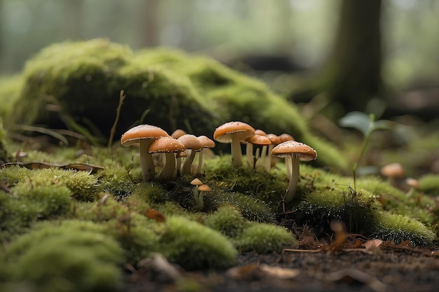 Моховая земля с крошечными грибами на заднем плане