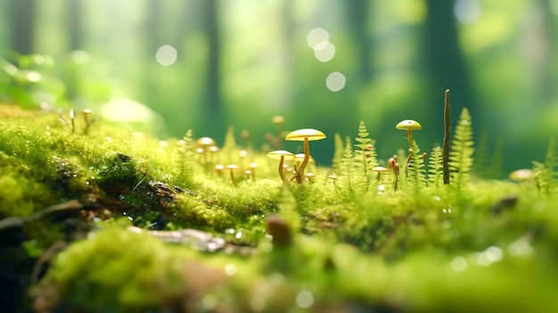Мосовый холм с маленькими грибами Генеративный ИИ-образ