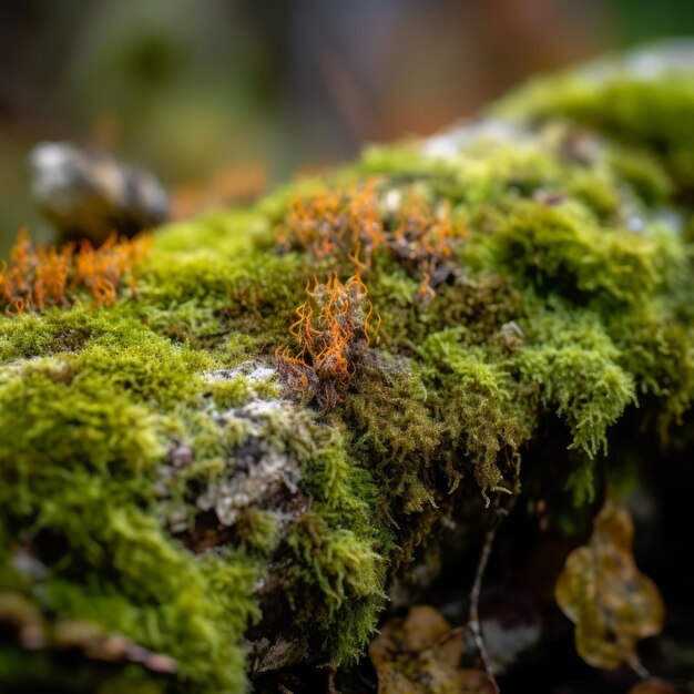 A mossy piece of wood with a green plant on it.