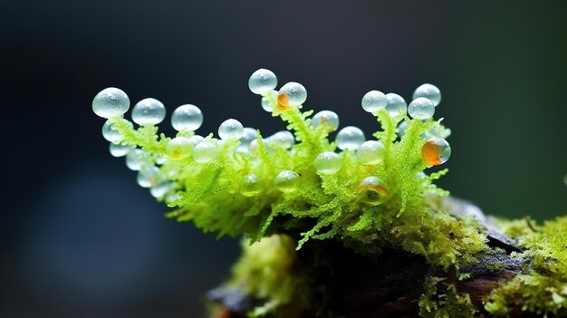 A mossy plant with bubbles and water bubbles.