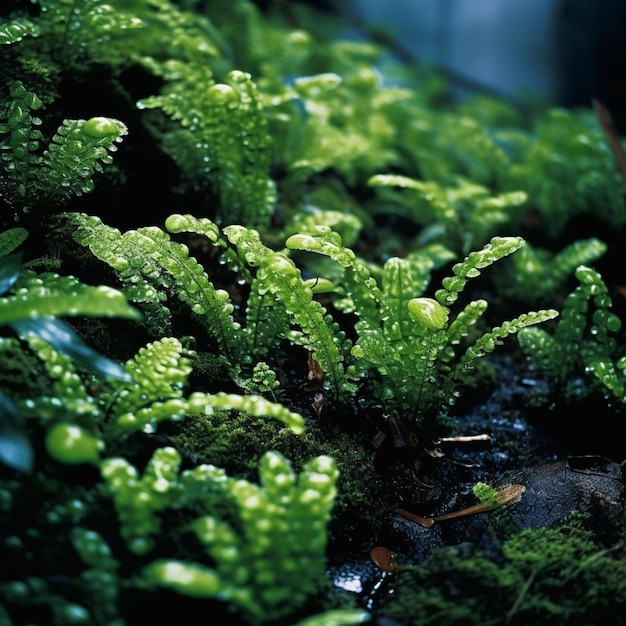 A mossy rock garden with a green plant in the center.