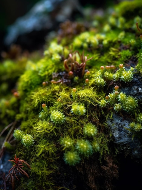 Photo a mossy rock with a bunch of small plants on it