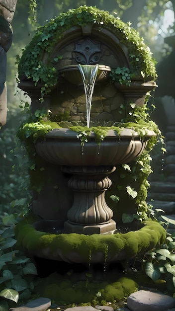 Mossy stonework fountain with ivy illustration wallpaper background