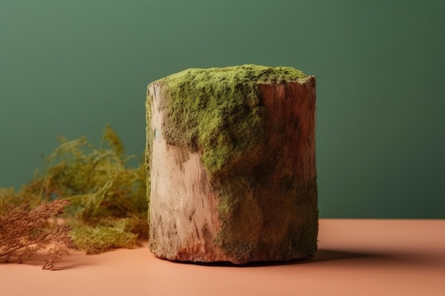 Mossy stump placed on a wooden table Generative AI