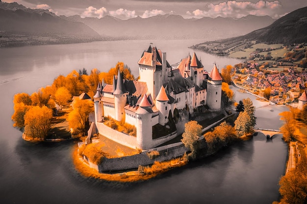 Most beautiful medieval castles of France Menthon located near lake Annecy aerial view