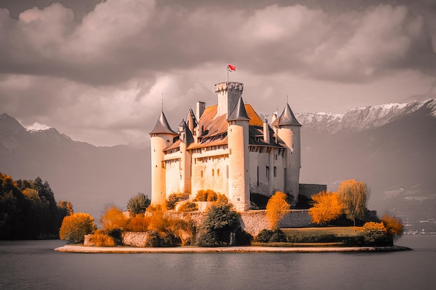 Most beautiful medieval castles of France Menthon located near lake Annecy aerial view