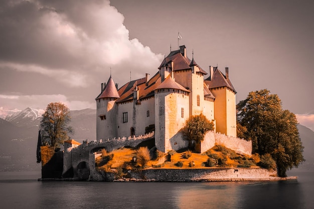 Photo most beautiful medieval castles of france menthon located near lake annecy aerial view