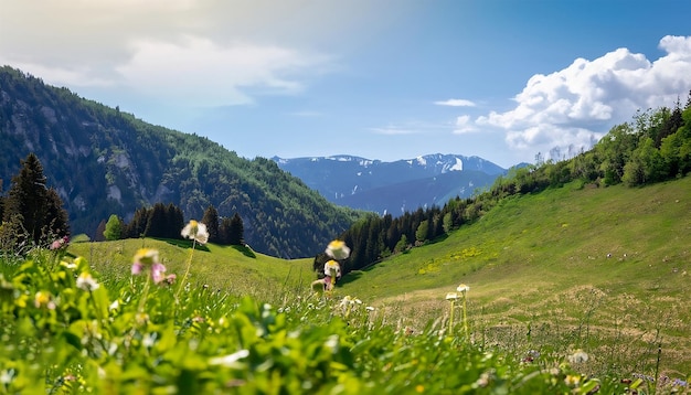 The most beautiful view of idyllic Alps mountain scenery with springtime blooming meadows