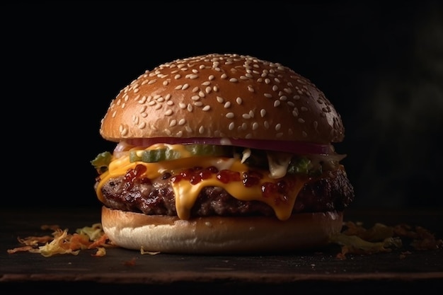 Most delicious huge burger dark background