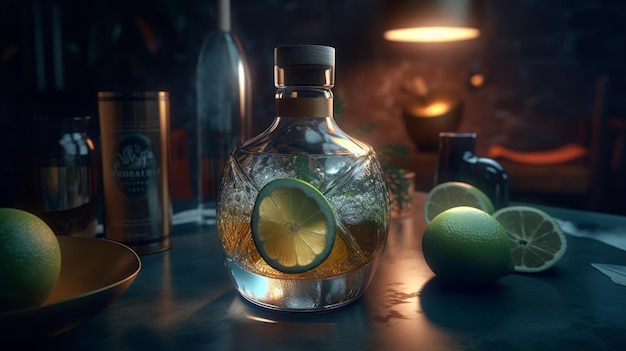 Most delicious tequila bottle light particles generative AI