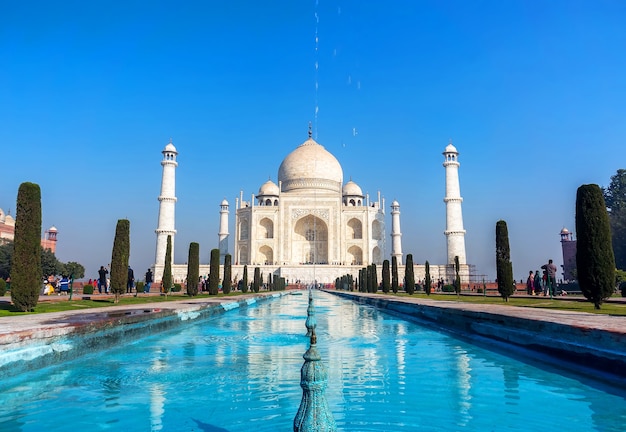 The most famous Indian Muslim mausoleum, monument reflecting in water of the pool, Agra, India